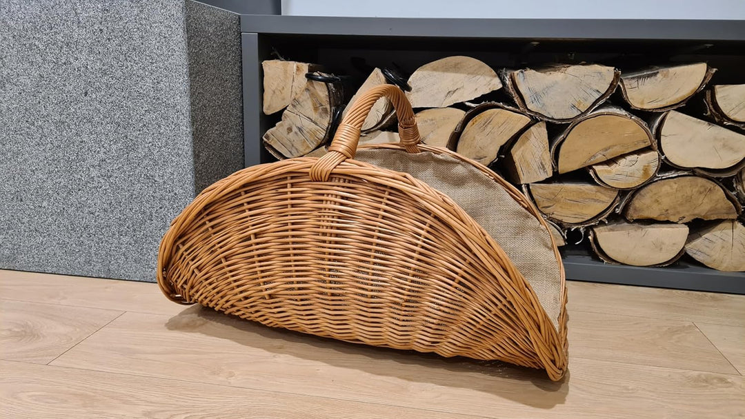 XL Kaminholzkorb aus Weide mit Jute 60 cm, Kaminkorb Holzkorb Weidenkorb