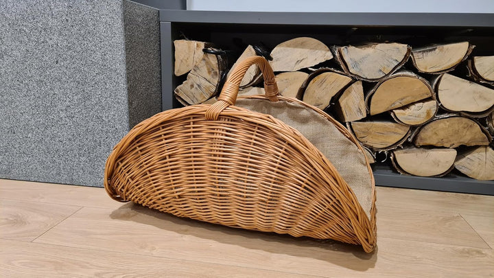 XL Kaminholzkorb aus Weide mit Jute 60 cm, Kaminkorb Holzkorb Weidenkorb