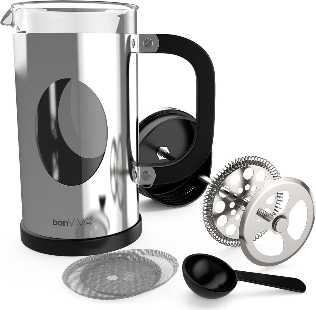 bonVIVO French Press 1L Silber – Kaffeebereiter gross aus Glas & Edelstahl – Kaffeepresse 8 Tassen –