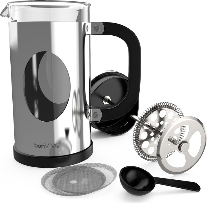 bonVIVO French Press 1L Silber – Kaffeebereiter gross aus Glas & Edelstahl – Kaffeepresse 8 Tassen –