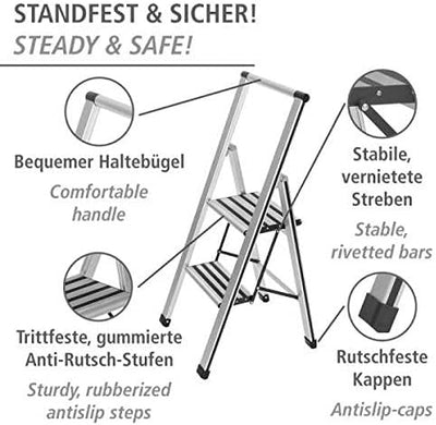 WENKO Leichte Aluminium Trittleiter mit 2 Stufen für 50 cm höheren Stand, rutschsichere XXL-Stufen,