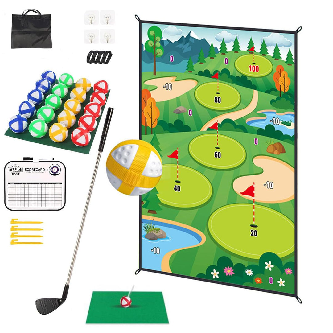 Golf Teing Game with 2 Clubs, 70 x 70 Inch Practice Mat Indoor Outdoor for Children Adults Family, w