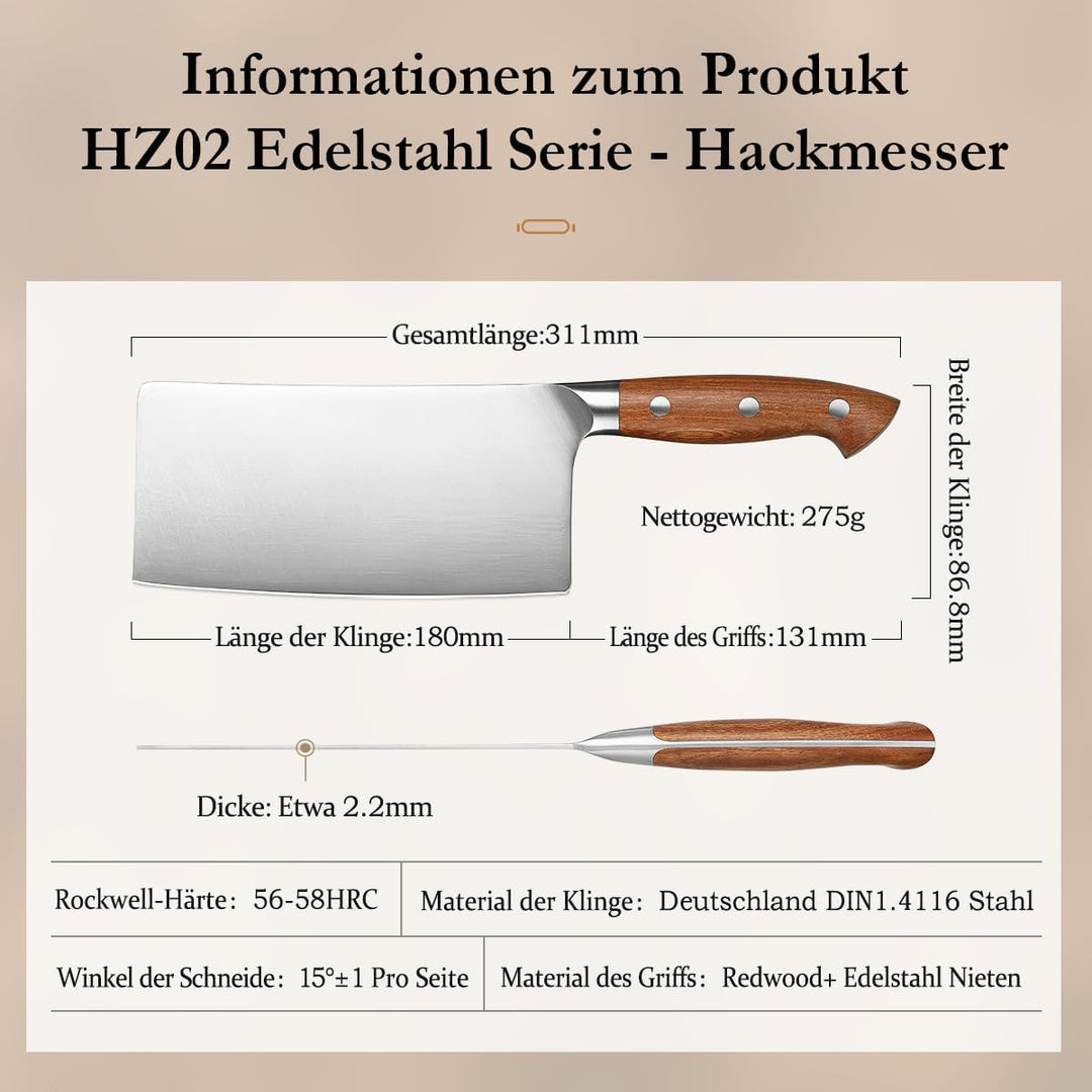 HEZHEN 18cm Hackmesser, Profi Chinesisches Kochmesser, German Stahl Scharf Küchenmesser, Gemüse Flei