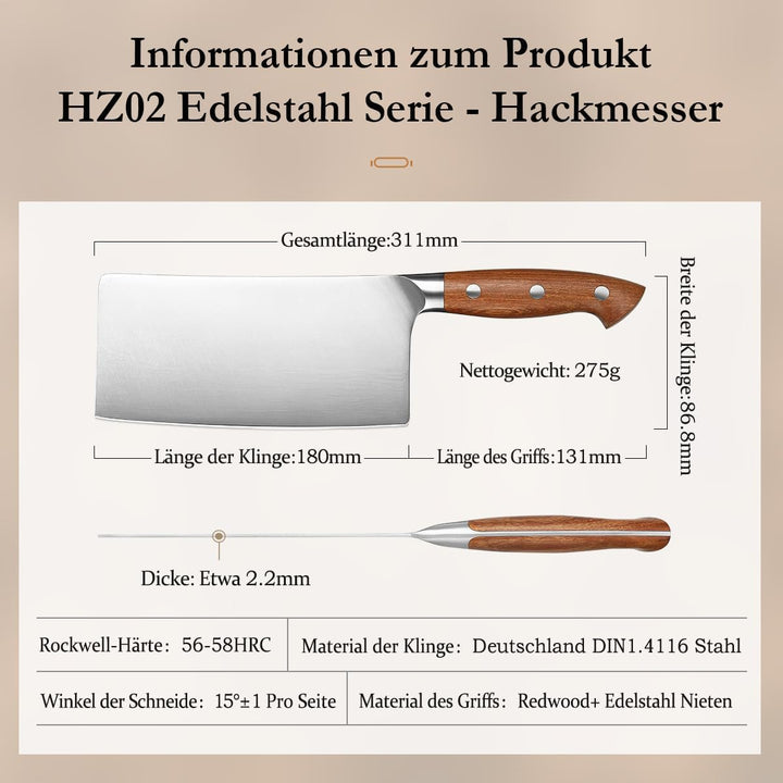 HEZHEN 18cm Hackmesser, Profi Chinesisches Kochmesser, German Stahl Scharf Küchenmesser, Gemüse Flei