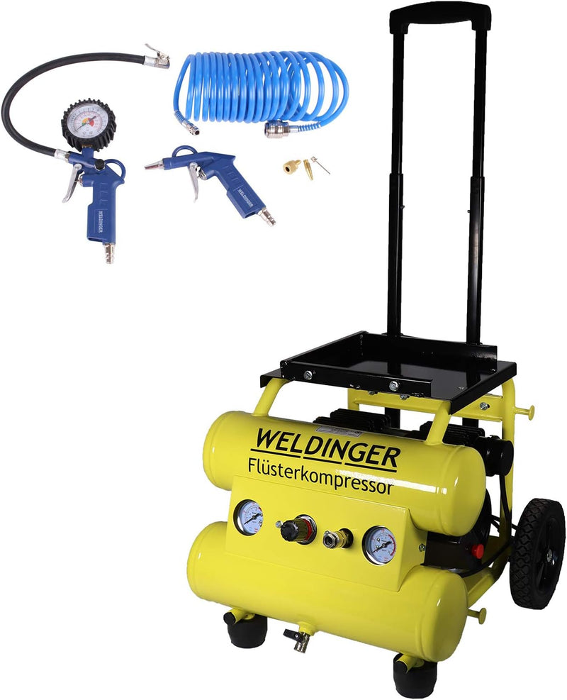 Aktionsset WELDINGER Flüsterkompressor FK 95 pro mobile 750 W innenbeschichteter Tank + Druckluftset