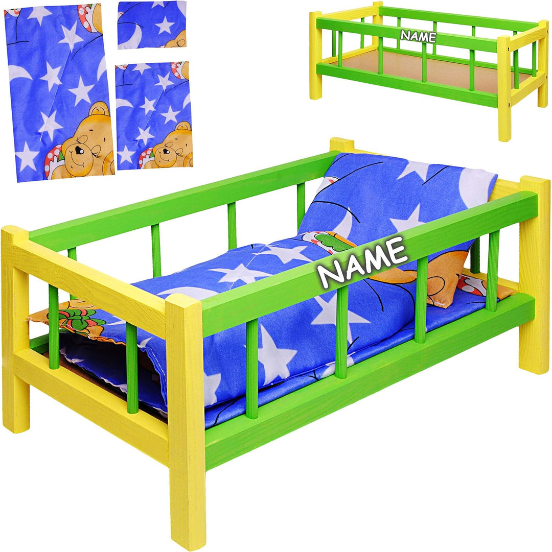 alles-meine.de GmbH Holz Puppenbett - 43 cm lang - mit Bettwäsche - Jungen & Mädchen Farben - für gr