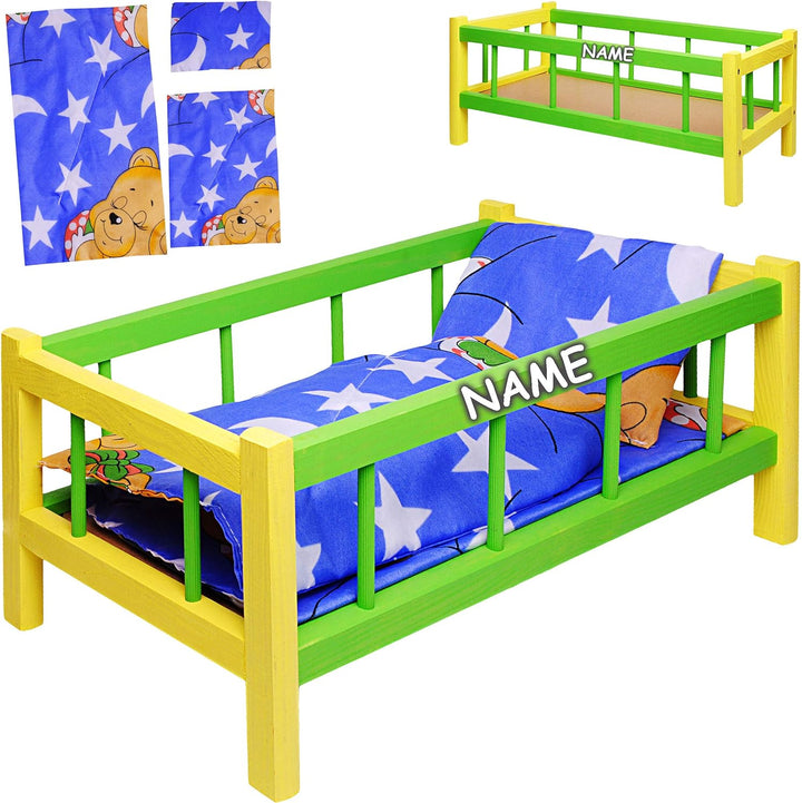 alles-meine.de GmbH Holz Puppenbett - 43 cm lang - mit Bettwäsche - Jungen & Mädchen Farben - für gr