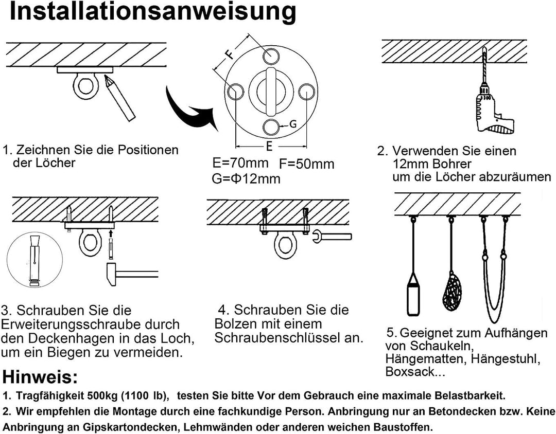 TSSS Deckenhaken Schwerlast Hängematte Haken 500 kg Tragfähigkeit 304 Edelstahl Befestigungshaken Hä