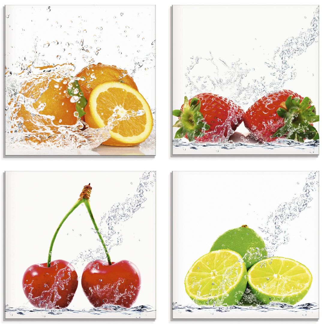 ARTland Glasbilder Wandbild Glas Bild Set 4 teilig je 30x30 cm Quadratisch Früchte im Wasser Obst Fr