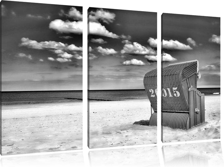 Pixxprint Monocrome, Roter Strandkorb an der Nordsee 3-Teiler Leinwandbild 120x80 Bild auf Leinwand