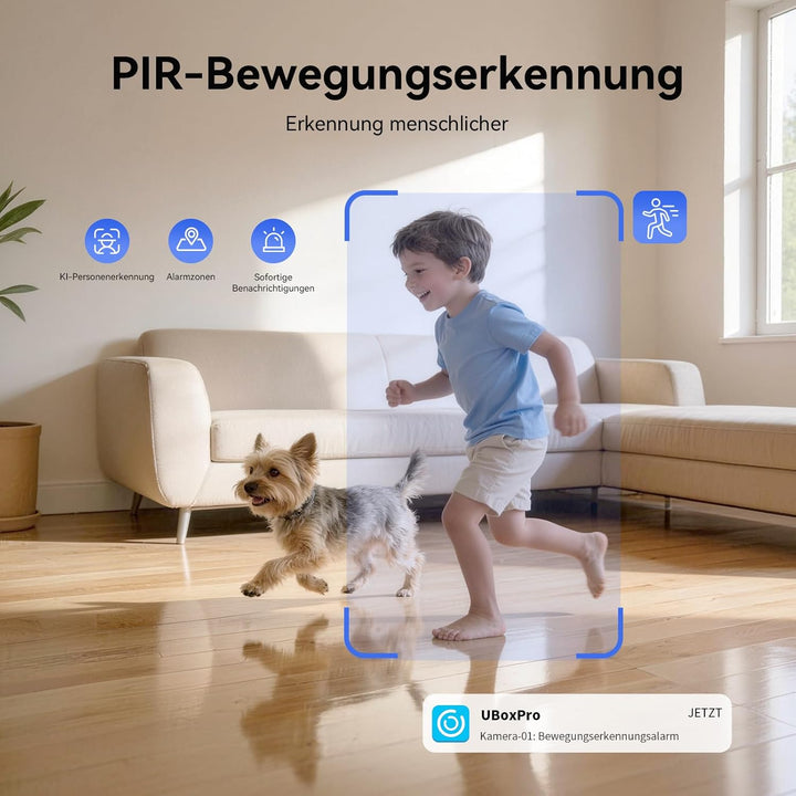 2K WLAN Überwachungskamera Innen 7800mAh Akku, Indoor Kamera Kabellos | 360° PTZ, Aufladbar IP Innen