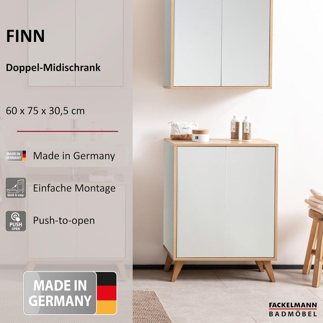 FACKELMANN Finn Midischrank (60 x 75 x 30,5 cm) – Badezimmerkommode mit 2 Einlegeböden aus Glas – Ba