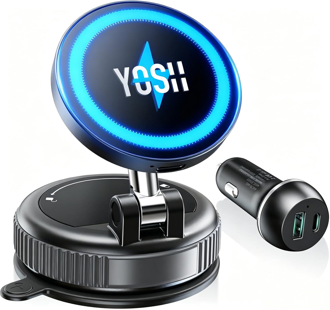 YOSH für Magsafe Autohalterung mit 60W Autoladegerät, [Vakuum Saugnapf & N55 Starke Magnets], Handyh