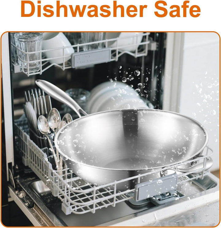 Wokpfanne Unbeschichtet Induktion 30cm: 3-Schichtige Edelstahl Wok,Frei von PFOA,PTFE,mit Deckel und