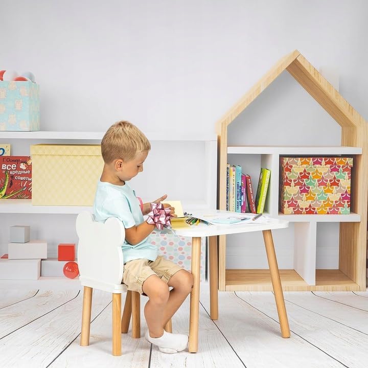 Kindertisch mit 2 Stühlen Set 50 x 60 x 47 cm aus Holz, Bär- und Hasen-Design, Sitzgruppe Kinder, Ki