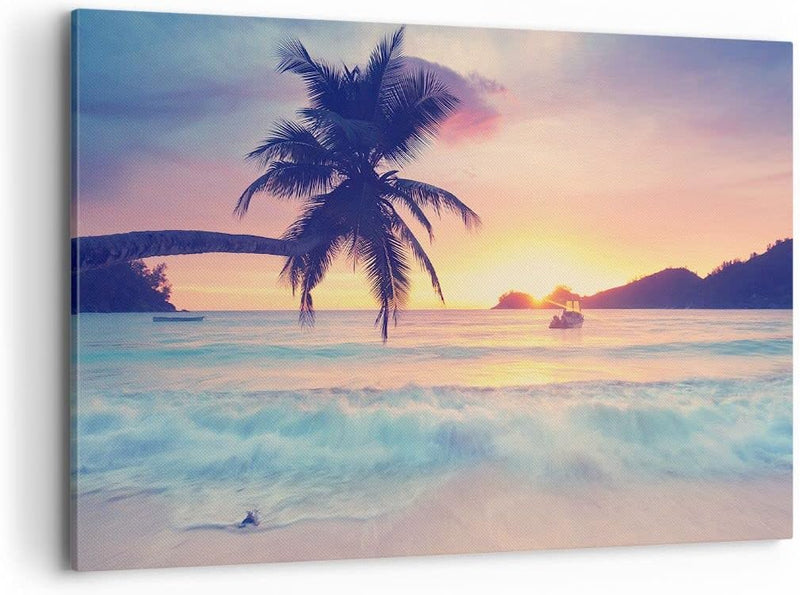 Bilder auf Leinwand 100x70cm Leinwandbild mit Rahmen Meer Strand Palme Gross Wanddeko Bild Schlafzim