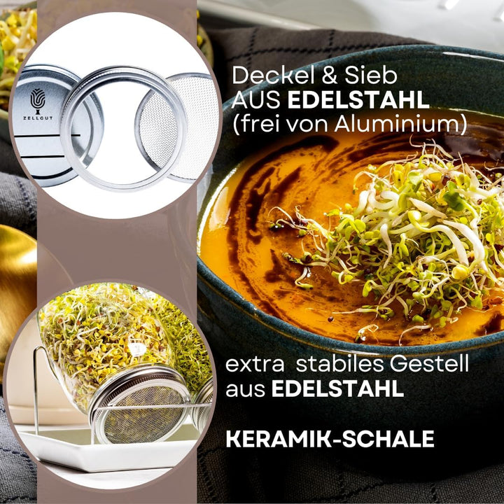 ZELLGUT® 2in1 Sprossenglas 3er Set - Keimglas 100% Plastikfrei - Vorratsglas Funktion durch extra De