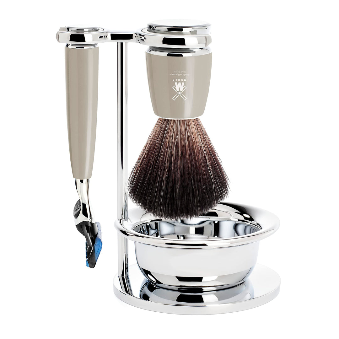 MÜHLE Rytmo Rasierset - für Gillette-Klingen, Black Fibre Pinsel, Halterung mit Schale - Edelharz Gr