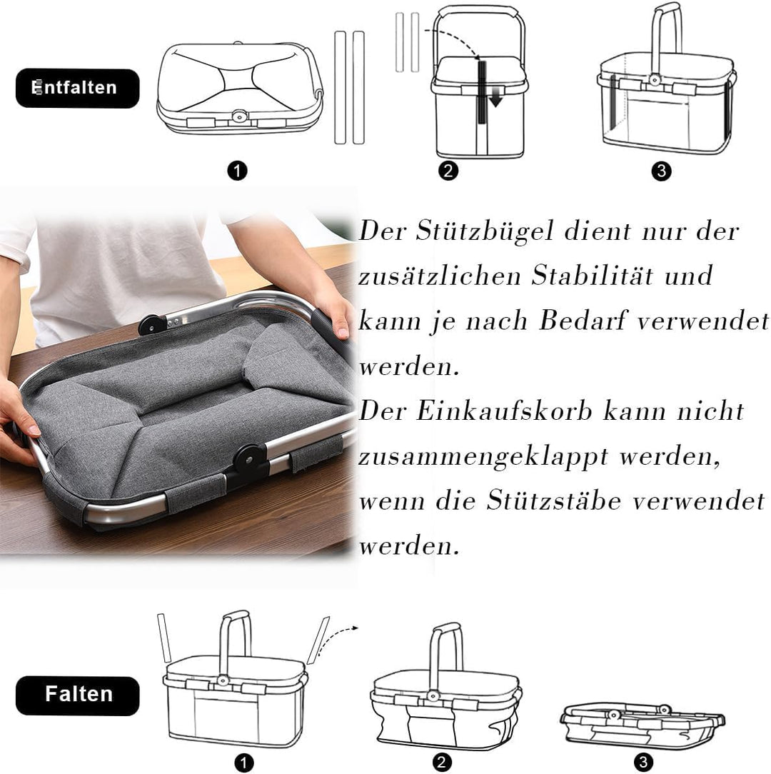 30L Einkaufskorb Faltbar Stabil Gross Tragekorb Picknickkorb Klappkorb Einkaufstasche mit Aluminiumg
