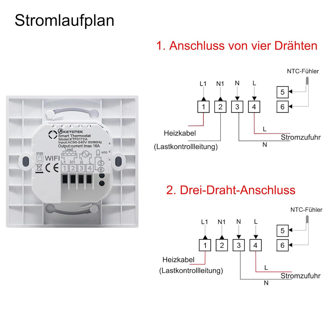 KETOTEK Thermostat Elektrische Fussbodenheizung WLAN 230V 16A, WiFi Raumthermostat Fussbodenheizung