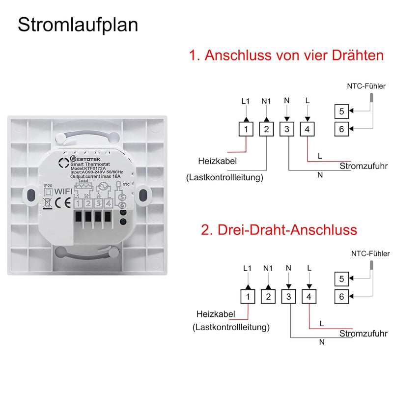 KETOTEK Thermostat Elektrische Fussbodenheizung WLAN 230V 16A, WiFi Raumthermostat Fussbodenheizung