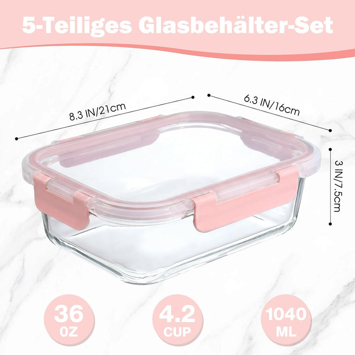 YASHE 5 Teile Glasbehälter mit Deckel, 1040ml Stapelbar & Luftdicht Meal Prep Boxen Glas für Spülmas