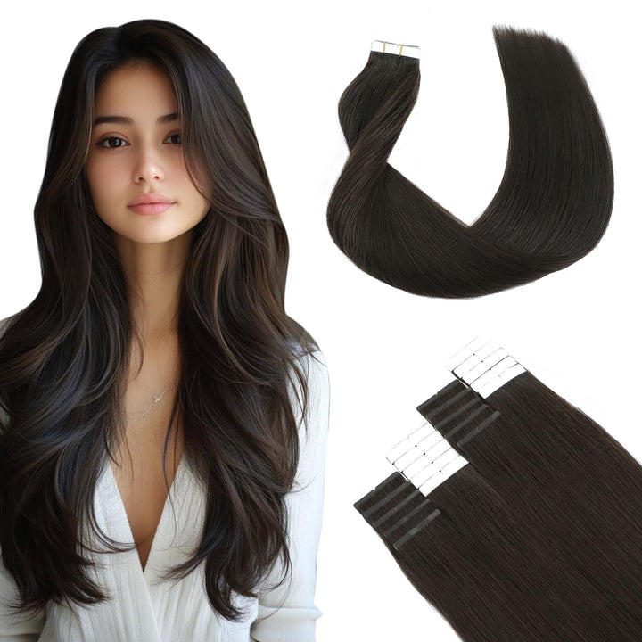 SURNEL Extensions Echthaar Tape in Braun 45cm Remy Band Extensions Echthaar Human Haar Glatt 50g Bra