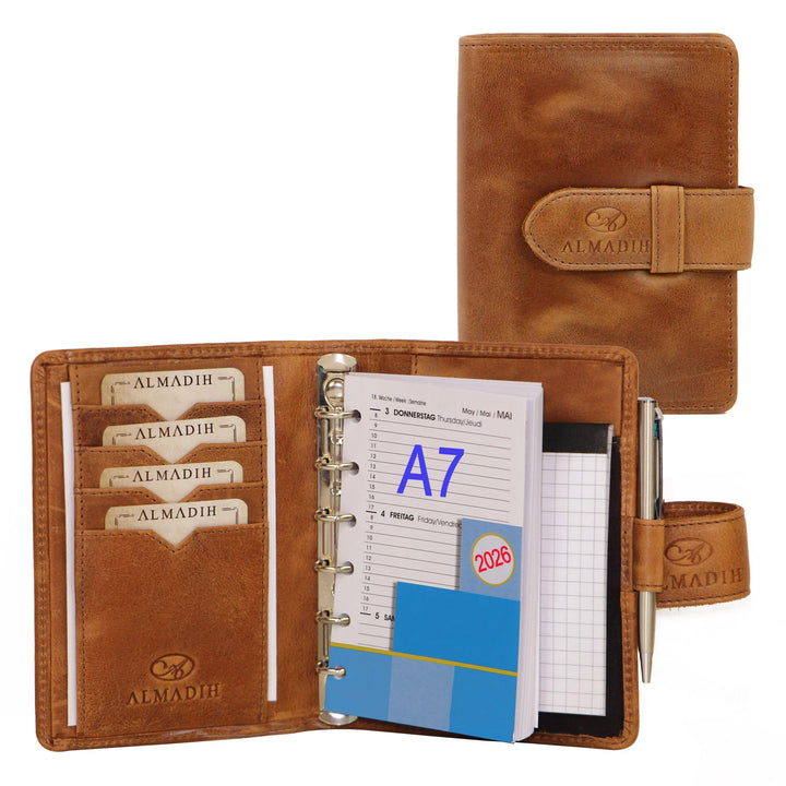 ALMADIH Leder A7 Terminplaner Kalender 2024 Notizblock Premium Rindsleder BD in Geschenkbox Ledermap