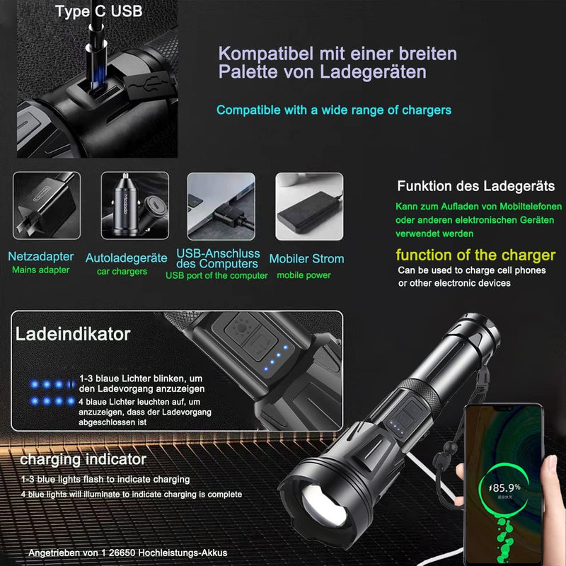 ASORT LED Taschenlampe Extrem Hell 40000 Lumen, USB Wiederaufladbare, 36 Kerne LED, IPX67 Wasserdich