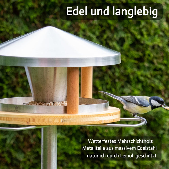 Vogelhaus mit Ständer wetterfest aus Edelstahl - Stabiles Vogelfutterhaus für draussen, modern aus M
