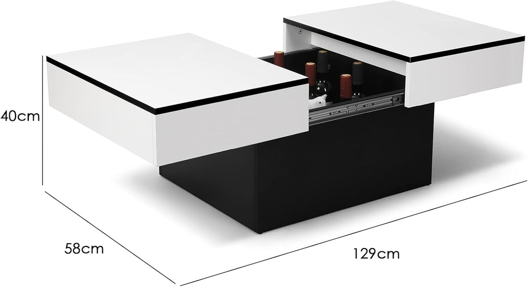 VOWNER Couchtisch, Moderner Couchtisch, Ausziehbarer Schreibtisch, Wohnzimmertisch mit 2 Stauräume,