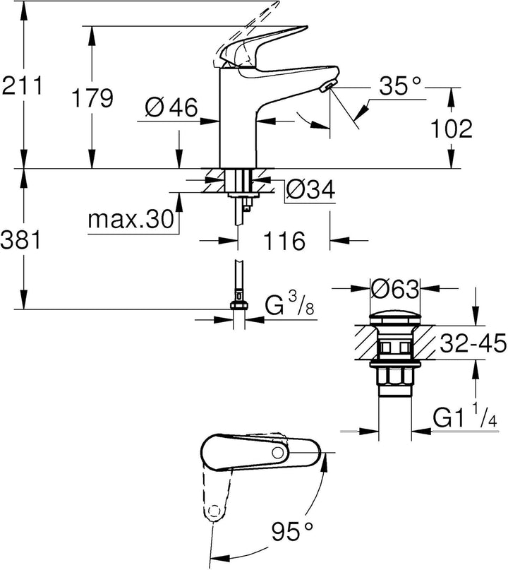 GROHE Swift, energiesparende Waschtischarmatur, Kaltwasser in Mittelstellung (Wasserhahn für Waschbe