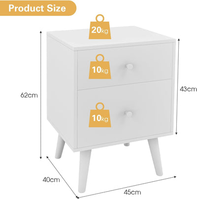 KOMFOTTEU Nachttisch mit 2 Schubladen, Beistelltisch mit Beinen aus Kautschukholz, Nachtschrank für