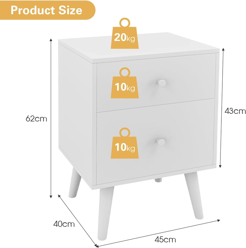 KOMFOTTEU Nachttisch mit 2 Schubladen, Beistelltisch mit Beinen aus Kautschukholz, Nachtschrank für