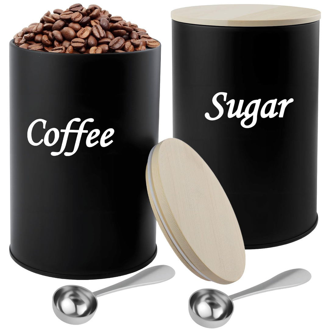 2 Stück Kaffeedose luftdicht, schwarz Kaffeepads Aufbewahrung, mit Holzdeckel, Löffel, 500ml, für Ka