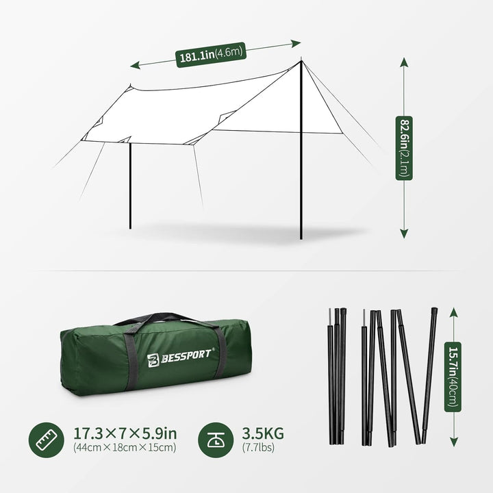 Bessport Tarp, Zeltplane Wasserdicht, 3x4.6m Mit Stützstange, Erdnägeln und Nylonschnur, Ultraleicht