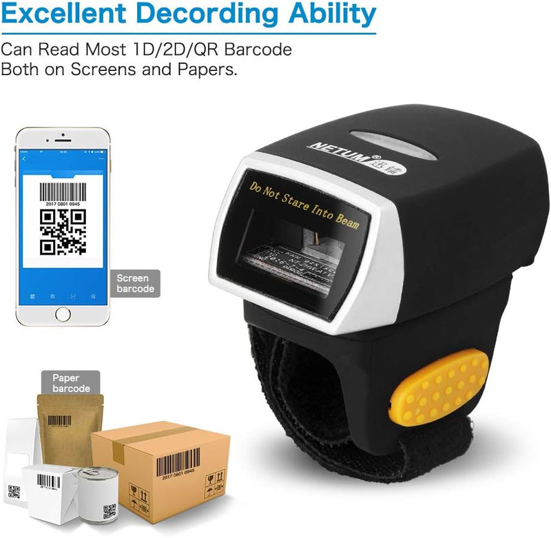 NETUM Bluetooth 2D QR Mini-Barcode-Scanner für tragbaren Ring Wireless | kabelloser Handscanner präz