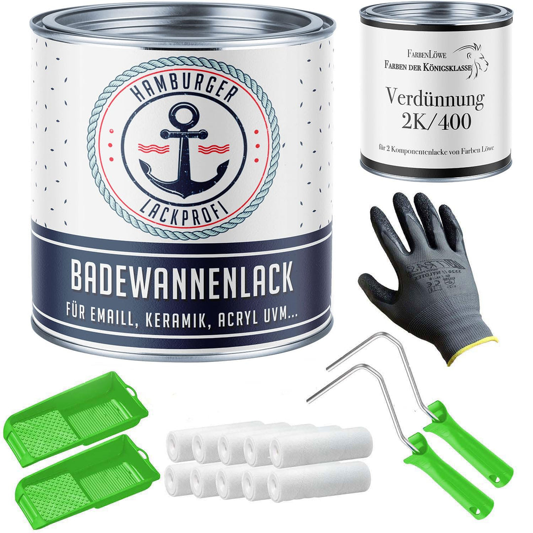 Hamburger Lack-Profi Badewannenlack im Set GLÄNZEND Weiss RAL 9010 Badewannenbeschichtung Emaille Fa