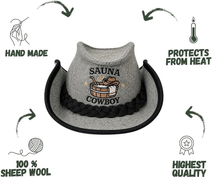 Saunahut für Damen und Herren aus Filz - Sauna Cowboy - Grau Saunahut für Herren und Damen aus 100Pr