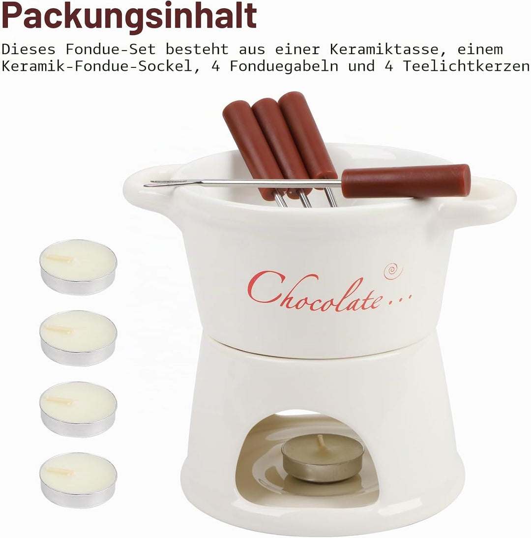 BigKing Schokoladen- und Käse-Tiegel, 300 ml, Schokoladenfondue aus Keramik mit 4 Gabeln und 4 Teeli