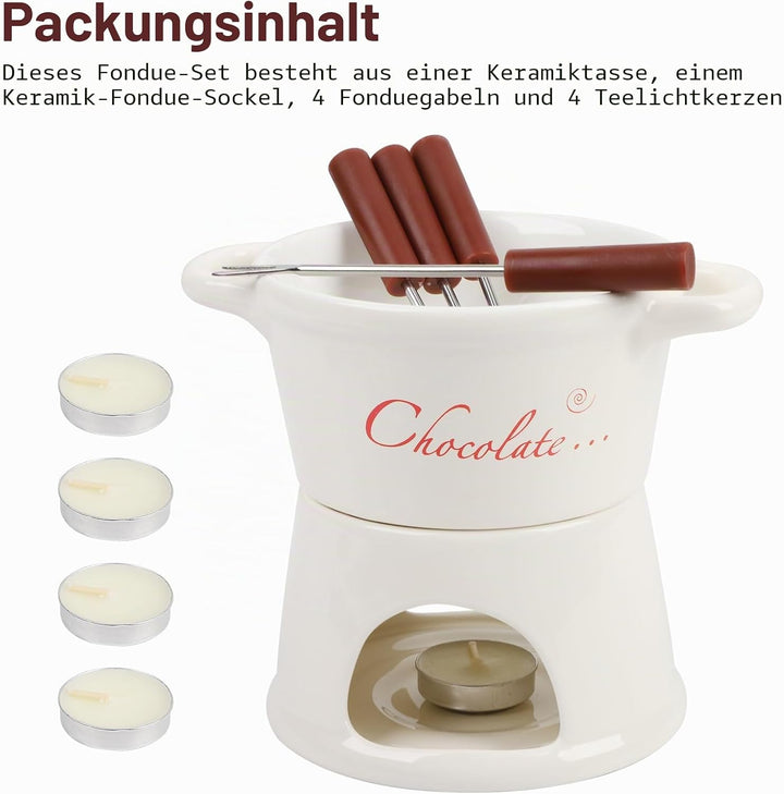 BigKing Schokoladen- und Käse-Tiegel, 300 ml, Schokoladenfondue aus Keramik mit 4 Gabeln und 4 Teeli