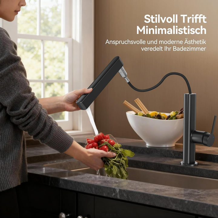 ALPHA HOME Wasserhahn Küche Schwarz, 2 Modi Küchenarmatur mit Brause Ausziehbar, Armatur Küche 360°