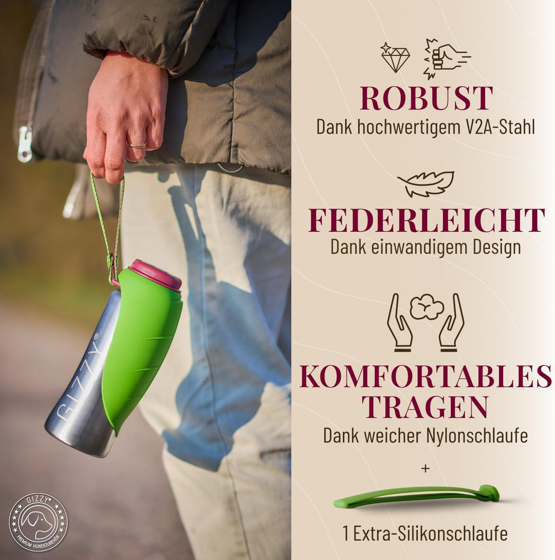 GIZZY® Trinkflasche Hunde für unterwegs - auslaufsicher &amp; robust aus Edelstahl, in 2 Grössen inkl. w