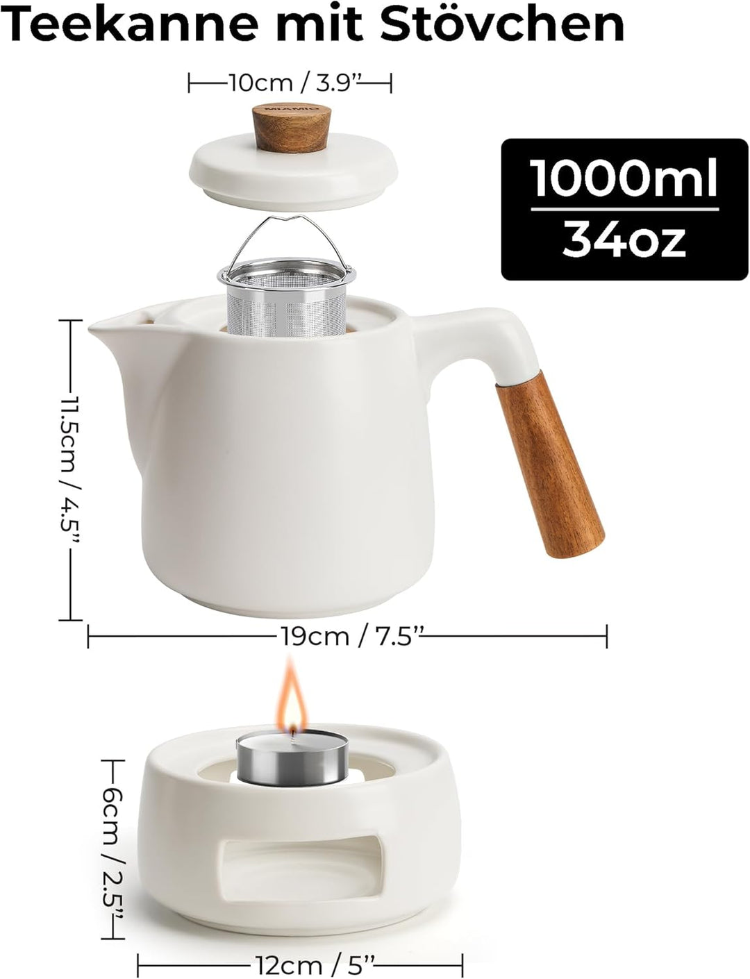 MIAMIO - Teeservice mit Teekanne Keramik (1 l) mit Stövchen (Weiss) | Teeset Teekanne &amp; Stövchen, Te