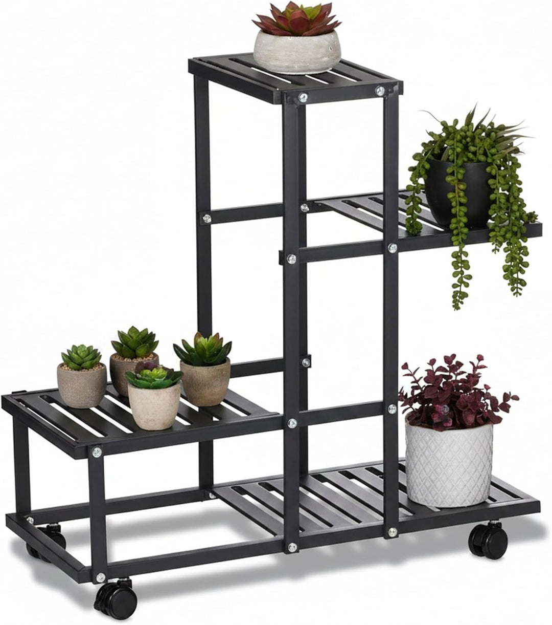 Relaxdays Blumenständer mit Rollen, HxBxT: 60,5 x 61,5 x 26 cm, Metall, 4 Ablagen, Pflanzenständer f