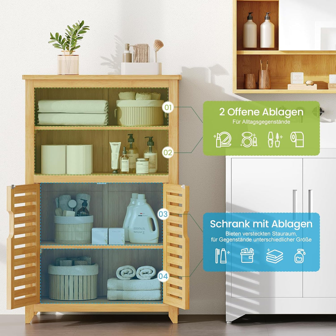 VIAGDO Badezimmerschrank Bambus, Badschrank mit 2 offenen Fächern und 2 Lamellentüren, Küchenschrank