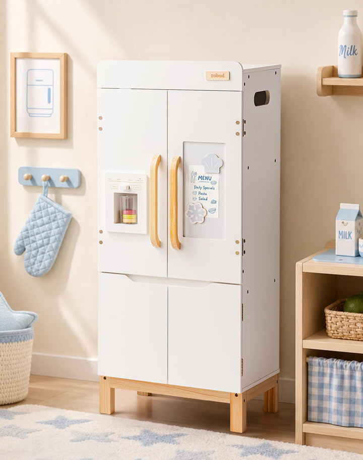 ROBUD Spielkühlschrank Holz für Kinder, Kinderküche Kühlschrank mit Getränkeautomat &amp; Aufbewahrung,