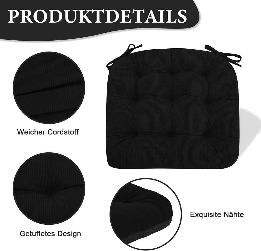 2er Set Stuhlkissen, 50x50x7 cm, Schwarz – Bequeme Sitzkissen aus Cordstoff und Kristallsamt mit Bin