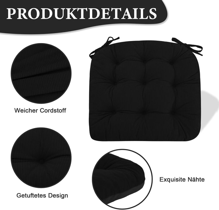 2er Set Stuhlkissen, 50x50x7 cm, Schwarz – Bequeme Sitzkissen aus Cordstoff und Kristallsamt mit Bin