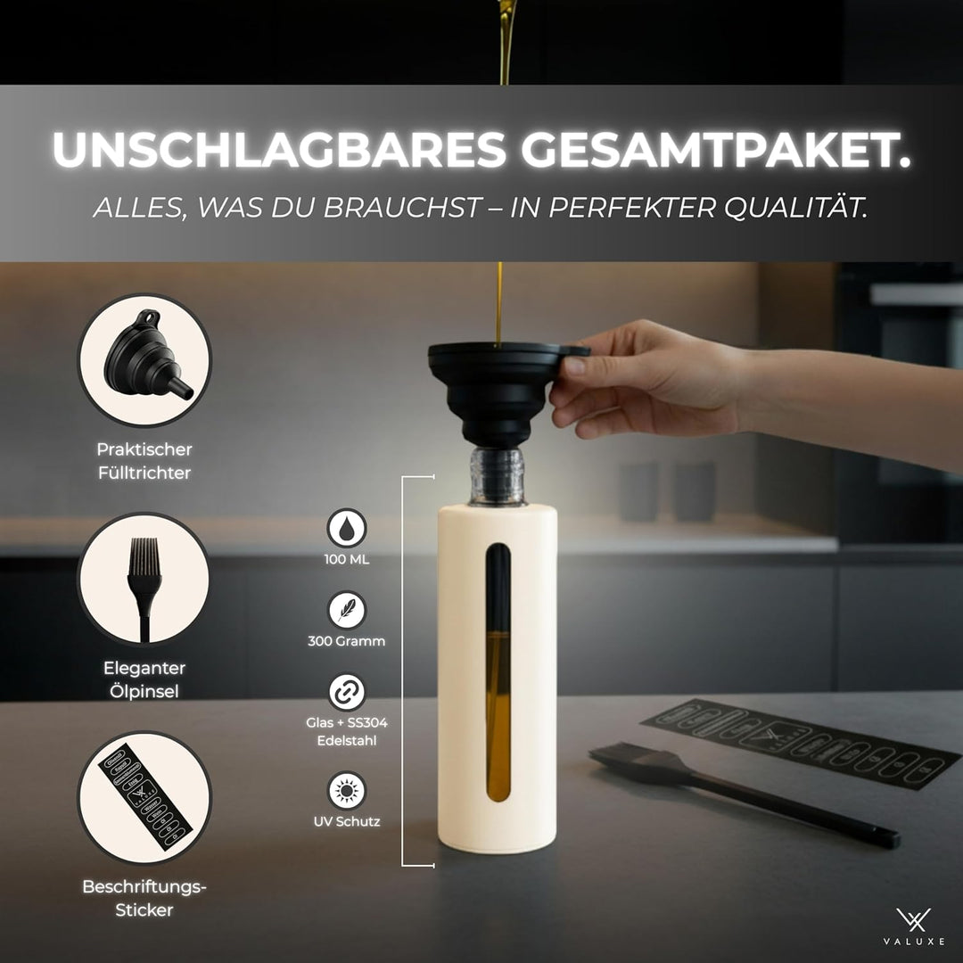 VALUXE® Ölsprüher für Speiseöl & Essig mit UV-Edelstahlmantel & Sprühfilter - Edelstahl Öl-Sprühflas